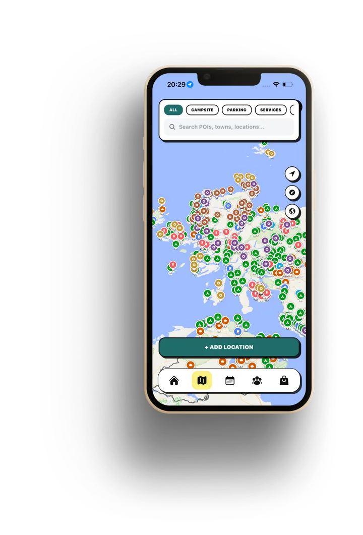 Campa mobile map with campervan stops, campsites, parking, and services